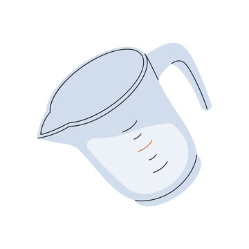 recommend clip art: Icon of measuring cup with water. Glass or plastic jug with volume graduate of liquid. Beaker or kitchen utensil with scale. Container for cooking food. Flat isolated vector illustration on white