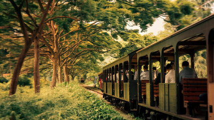 Obraz premium A photo of a train traveling through a lush green forest. The train is a vintage-style train with wooden benches. There are several passengers on the train, with some standing and others sitting.
