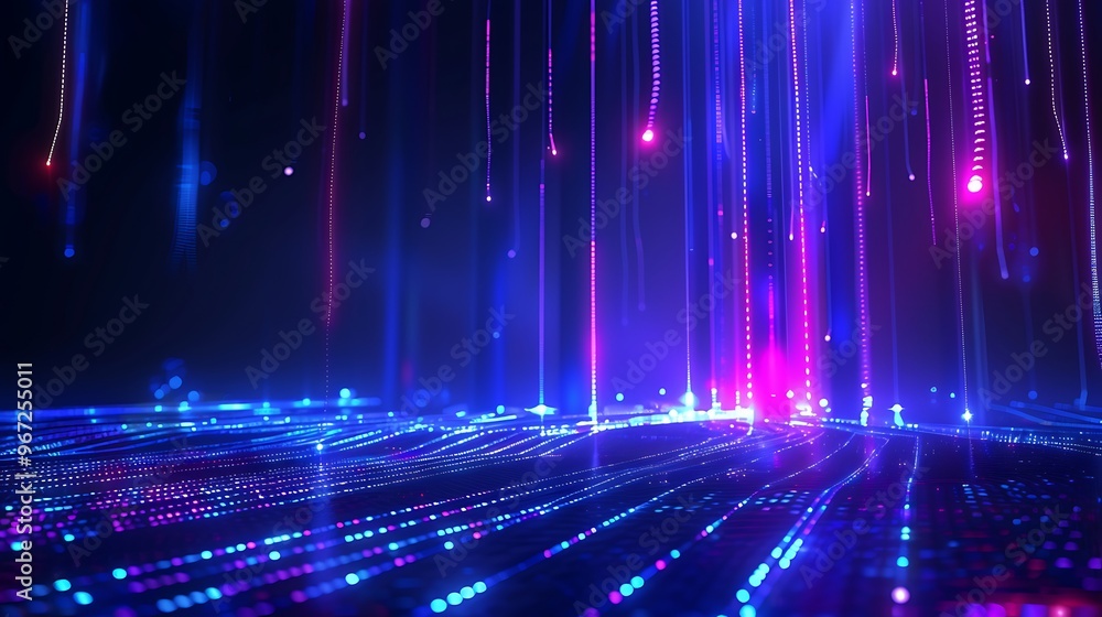 Poster abstract digital background featuring vibrant blue and purple lights cascading in vertical patterns,