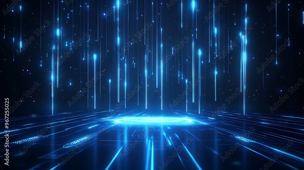 Poster abstract digital background with glowing blue lines and particles creating a futuristic atmosphere. 