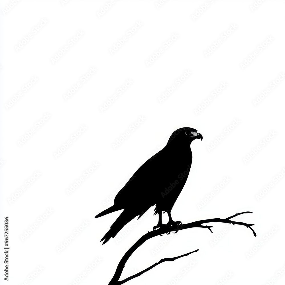 Poster Silhouette of a hawk perched on a branch against a white background.