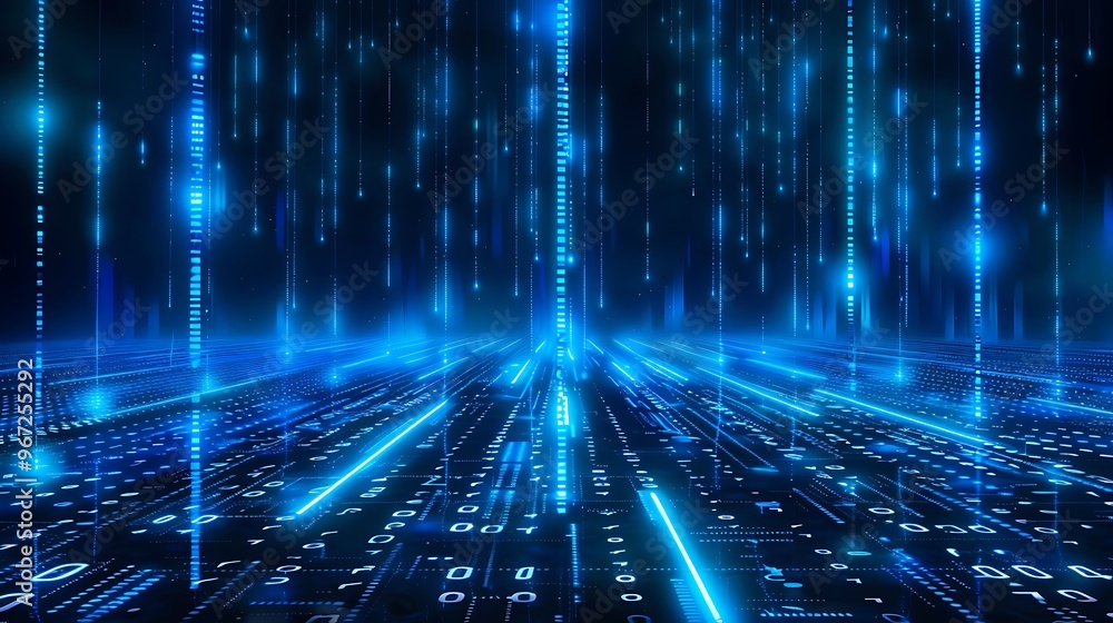 Poster abstract digital landscape with glowing blue lines and binary data, symbolizing technology and innov