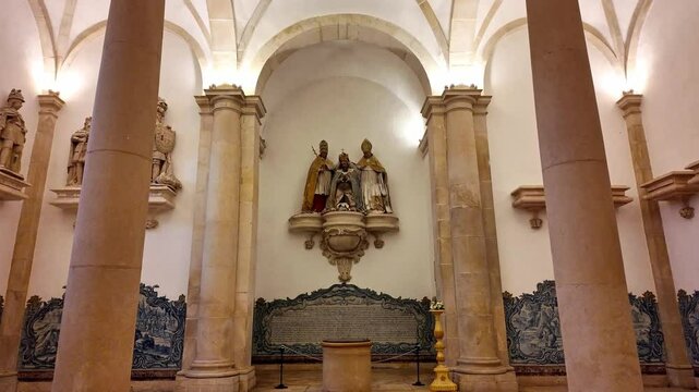 The Hall of the Kings at Alcobaca monastery, Mosteiro de Santa Maria de Alcobaca at Alcobaca, Portugal. A big gothic room with statues of all the kings of portugal