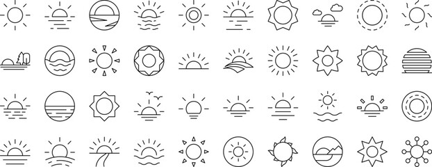 Sun Outline Web Line Icons Collection. Editable Stroke. Minimalistic Linear Pictogram for Design of Cards, Apps, Banners, Posts
