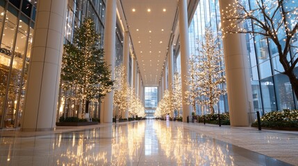 Festive indoor corridor with Christmas lights and decorated trees in modern skyscraper.