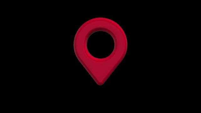 3d animation of location pin GPS icon in red color on black background