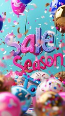 Fototapeta premium Colorful celebration with balloons, confetti, and sale season decorations, perfect for festive promotions and marketing materials.