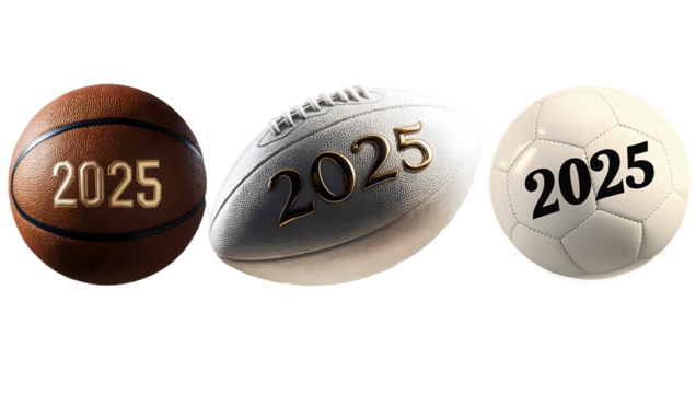 Happy new year 2025 set of sport balls, soccer, rugby, basketball, festive sport gear isolated on transparent background - Powered by Adobe