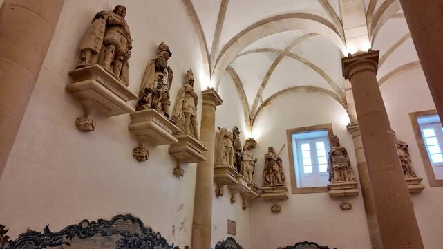 The Hall of the Kings at Alcobaca monastery, Mosteiro de Santa Maria de Alcobaca at Alcobaca, Portugal. A big gothic room with statues of all the kings of portugal