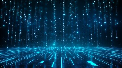 Dynamic blue digital background with glowing particles, creating a futuristic and immersive atmosphere for technology concepts. Stage for product presentation.