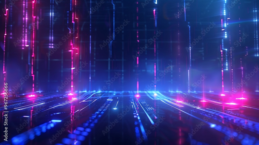 Poster Futuristic abstract digital background with vibrant blue and pink lights, creating a high-tech atmosphere. Stage for product presentation.