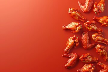 Naklejka premium Delicious chicken wings arranged on a vibrant red background, perfect for culinary presentations and food-related projects.
