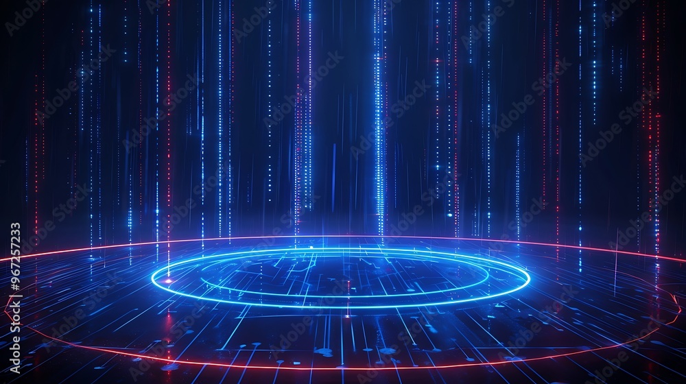 Poster futuristic blue and red digital background with glowing circular patterns and vertical lines, ideal 