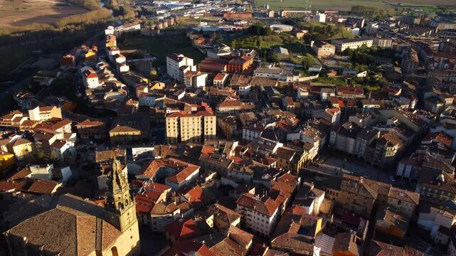 Aerial view of Haro town at sunset in La Rioja, Spain. High quality 4k footage