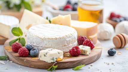 A colorful platter of goat cheese varieties paired with fresh berries and honey.