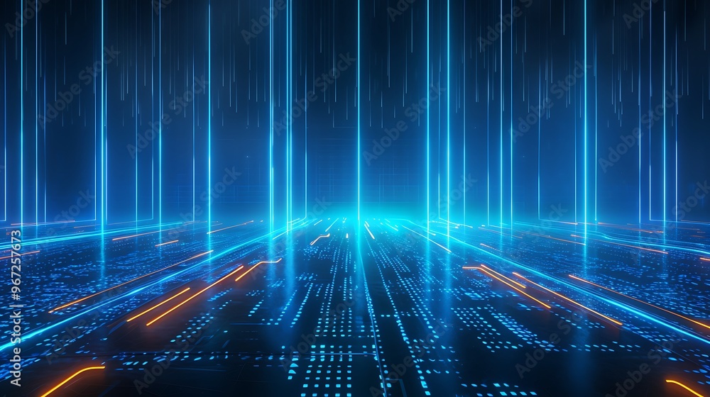 Poster futuristic blue digital landscape with glowing lines and patterns, representing technology and data 