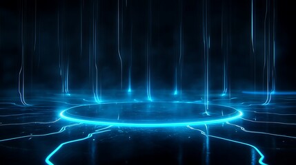 Naklejka premium Futuristic blue light beams shining against a dark background, creating an abstract digital atmosphere. Stage for product presentation.