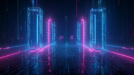 Fototapeta premium Futuristic cyber world with neon lights and glowing pathways creating a surreal digital landscape. Stage for product presentation.