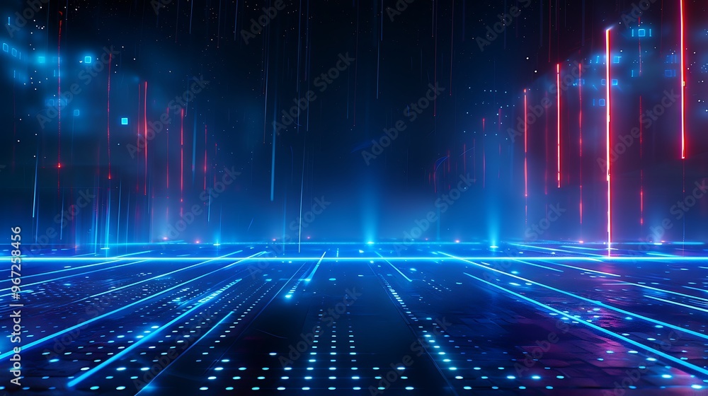 Poster futuristic digital backdrop with glowing lines and vibrant blue lights, creating a high-tech atmosph