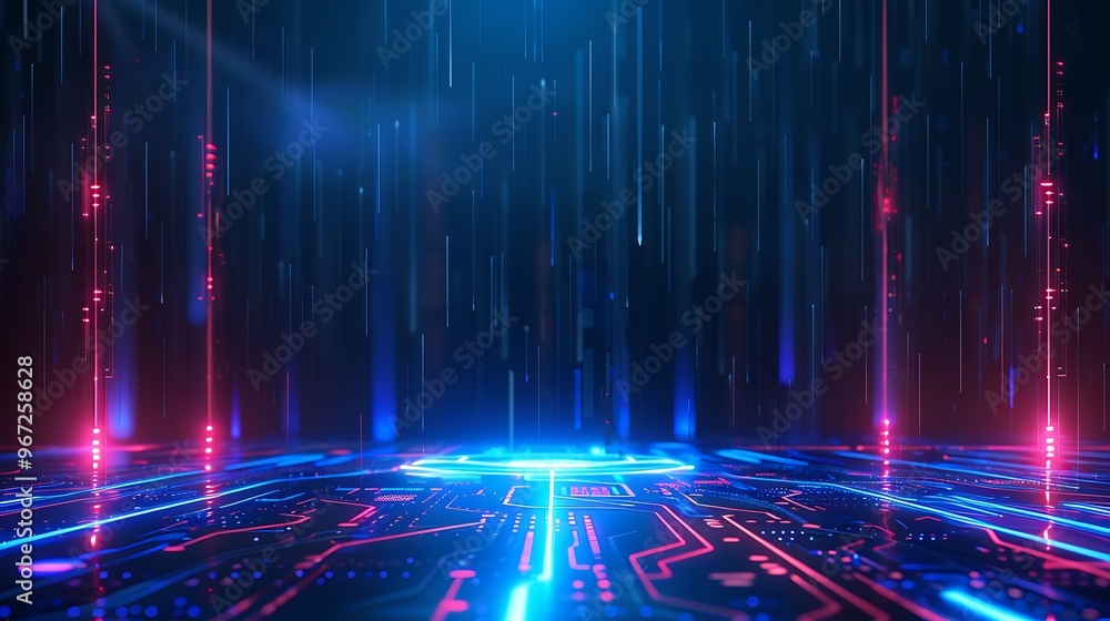 Poster futuristic digital background featuring neon lights and circuit patterns, ideal for technology and s