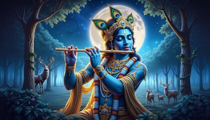 Divine Krishna Playing Flute in Moonlit Forest with Enchanted Deer
