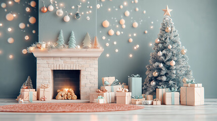 Cozy Christmas Living Room with Beige Brick Fireplace and Light Blue Walls