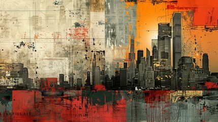 Obraz premium Abstract Cityscape Collage with Red Orange and Gray Colors