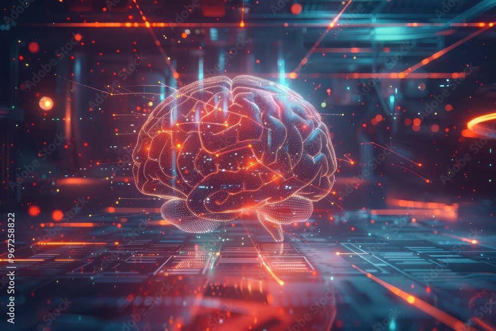 Poster futuristic representation of a brain, glowing with electric lights and data patterns, symbolizing in