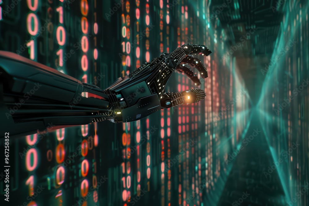 Poster futuristic robotic hand reaching into a digital landscape filled with binary code, representing tech