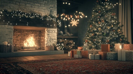 Obraz premium Evening Christmas Living Room with Garland Lights and Oriental Rug