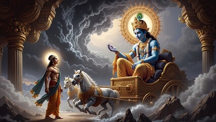 Lord Krishna Offering Divine Guidance to Arjuna on a Chariot