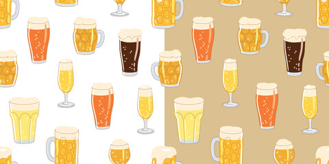 Seamless pattern with different beer glasses on simple background. Hand drawn trendy flat vector illustrations for bar menu, beer festival, brewing concept.