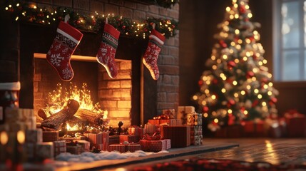 A cozy 3D-rendered fireplace decorated with stockings and garlands, with Christmas presents piled underneath a twinkling tree.