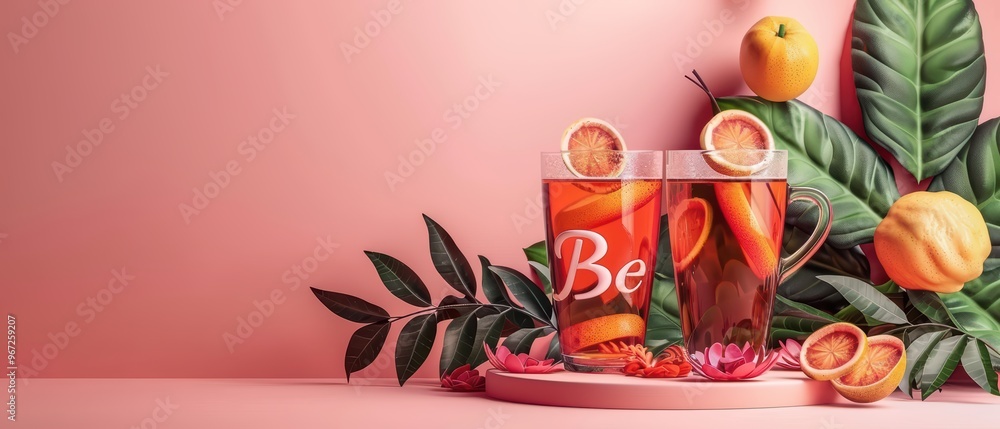 Wall mural Refreshing beverage in elegant glasses, surrounded by vibrant fruits and lush leaves, perfect for summer vibes.