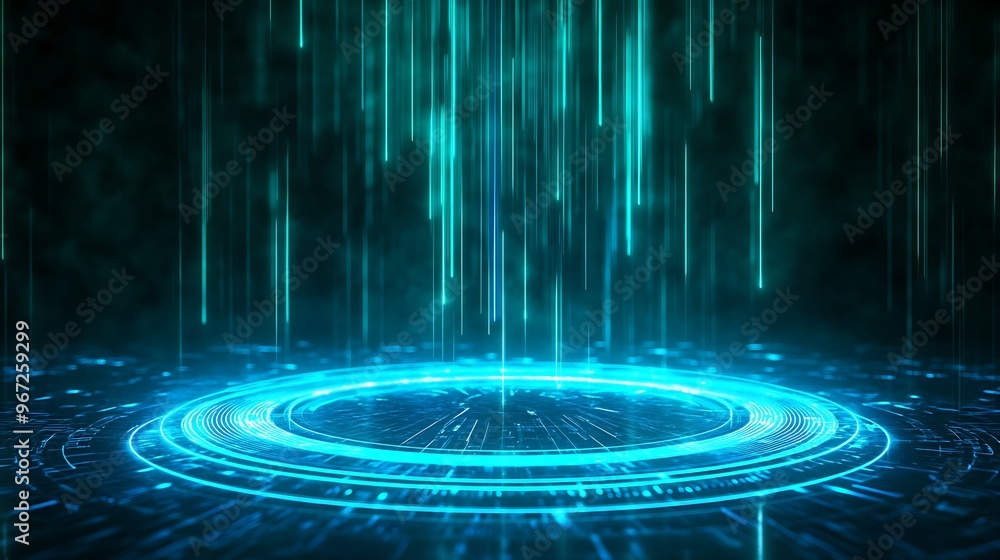Poster futuristic digital background with glowing blue lines creating a mesmerizing pattern over a dark sur
