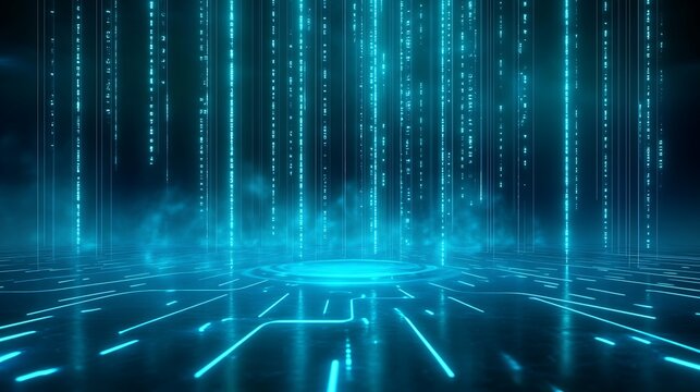 Futuristic digital background with glowing blue lines and binary code, perfect for technology and sci-fi themes. Stage for product presentation.