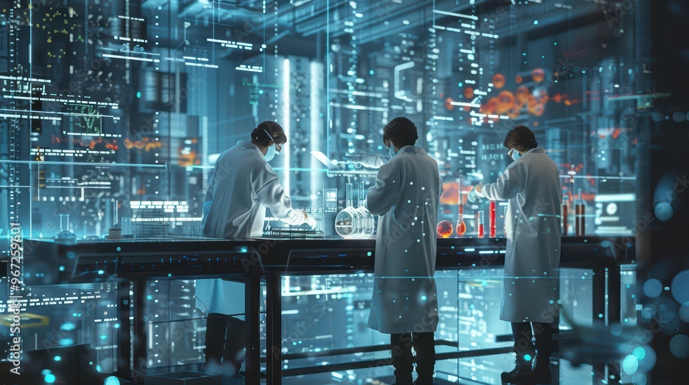 Poster scientists analyze data in a futuristic lab filled with advanced technology and holographic displays
