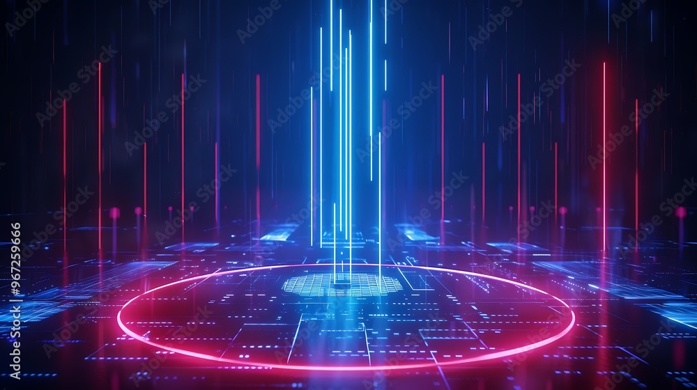 Poster Futuristic digital background with neon blue and red lights creating a dynamic circular pattern and data flow. Stage for product presentation.