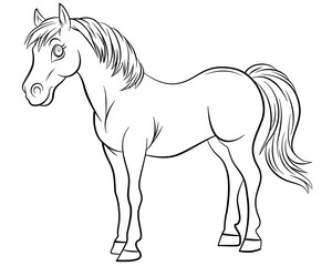 Black and white outline drawing pony horse standing facing left, suitable for childrens book illustrations, coloring pages, or equestrian themed designs.