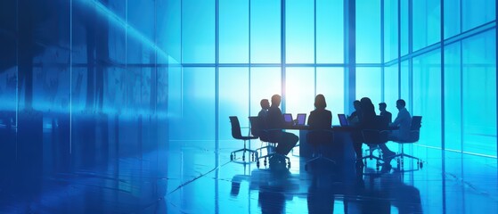 Silhouettes of professionals collaborating in a modern conference room with blue lighting, reflecting teamwork and innovation.
