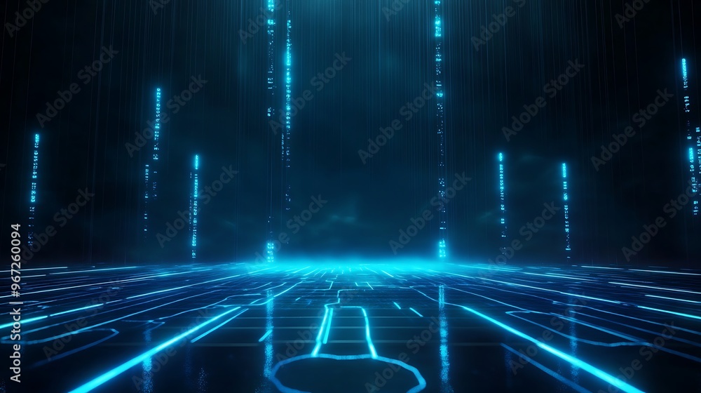 Aufkleber futuristic digital environment with glowing blue lines and particles, creating a high-tech atmospher