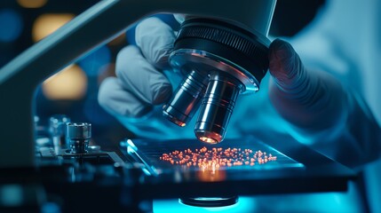 Close-up of a scientist using a microscope to analyze samples in a laboratory setting, showcasing advanced technology and precision.