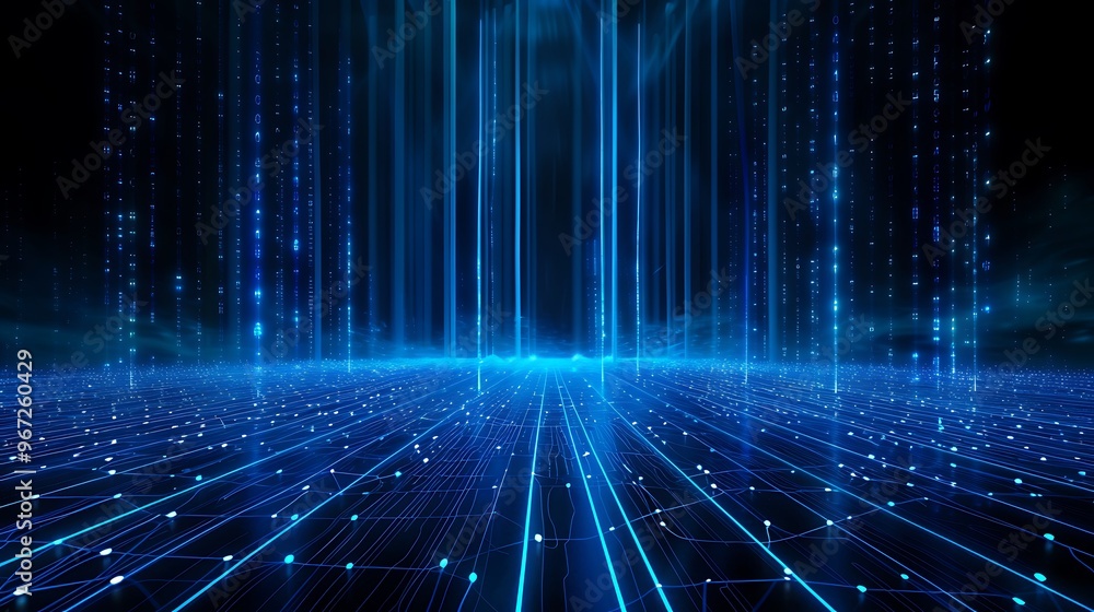 Poster futuristic digital landscape featuring glowing blue lines and particles, creating a high-tech atmosp