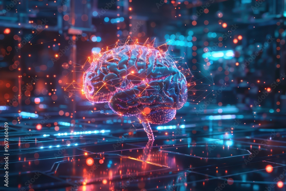 Poster vibrant digital brain representation showcasing advanced technology and data visualization in a futu