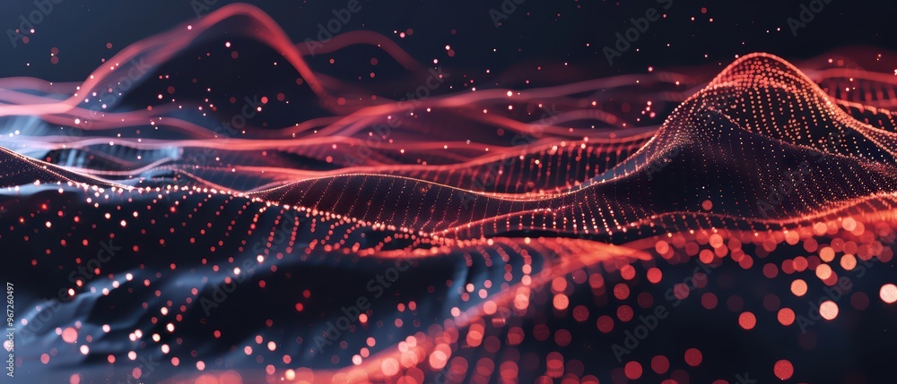 Poster vibrant digital waves with glowing particles, creating an abstract landscape of light and color in a