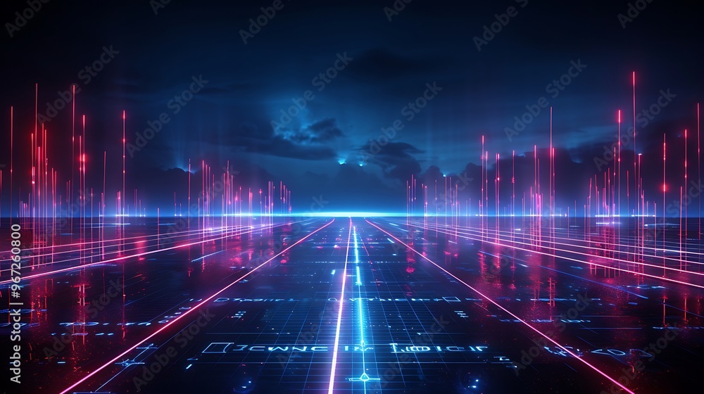 Poster futuristic digital landscape featuring glowing lines and patterns, symbolizing advanced technology a