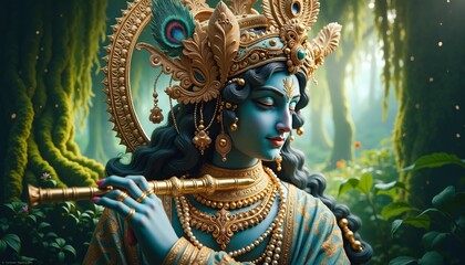 Fototapeta premium Divine Krishna Playing Flute in Enchanted Forest
