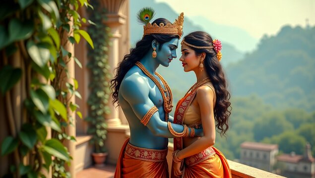 Divine Union: Krishna and Rukmini's Celestial Embrace on Palace Balcony