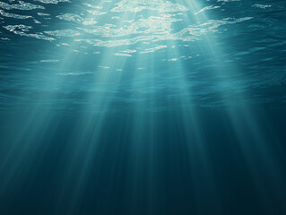 A serene underwater scene with sunlight piercing through the surface of the water, casting soft, diffused rays that illuminate the deep blue ocean below