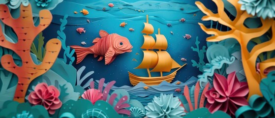 Whimsical underwater scene with a vibrant fish and a sailing ship amidst colorful coral and sea plants.